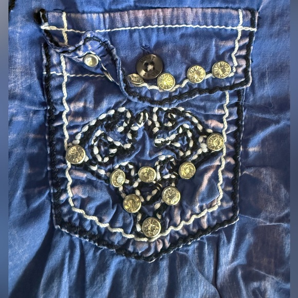391 Roar Western Cowboy Top Blue Purple Embroidered Gem Shirt Large - Picture 4 of 9